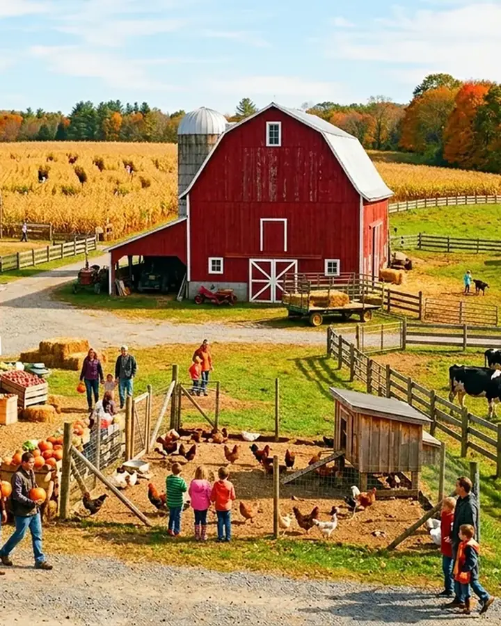 A vibrant working farm with a red barn, corn maze, and families exploring the grounds